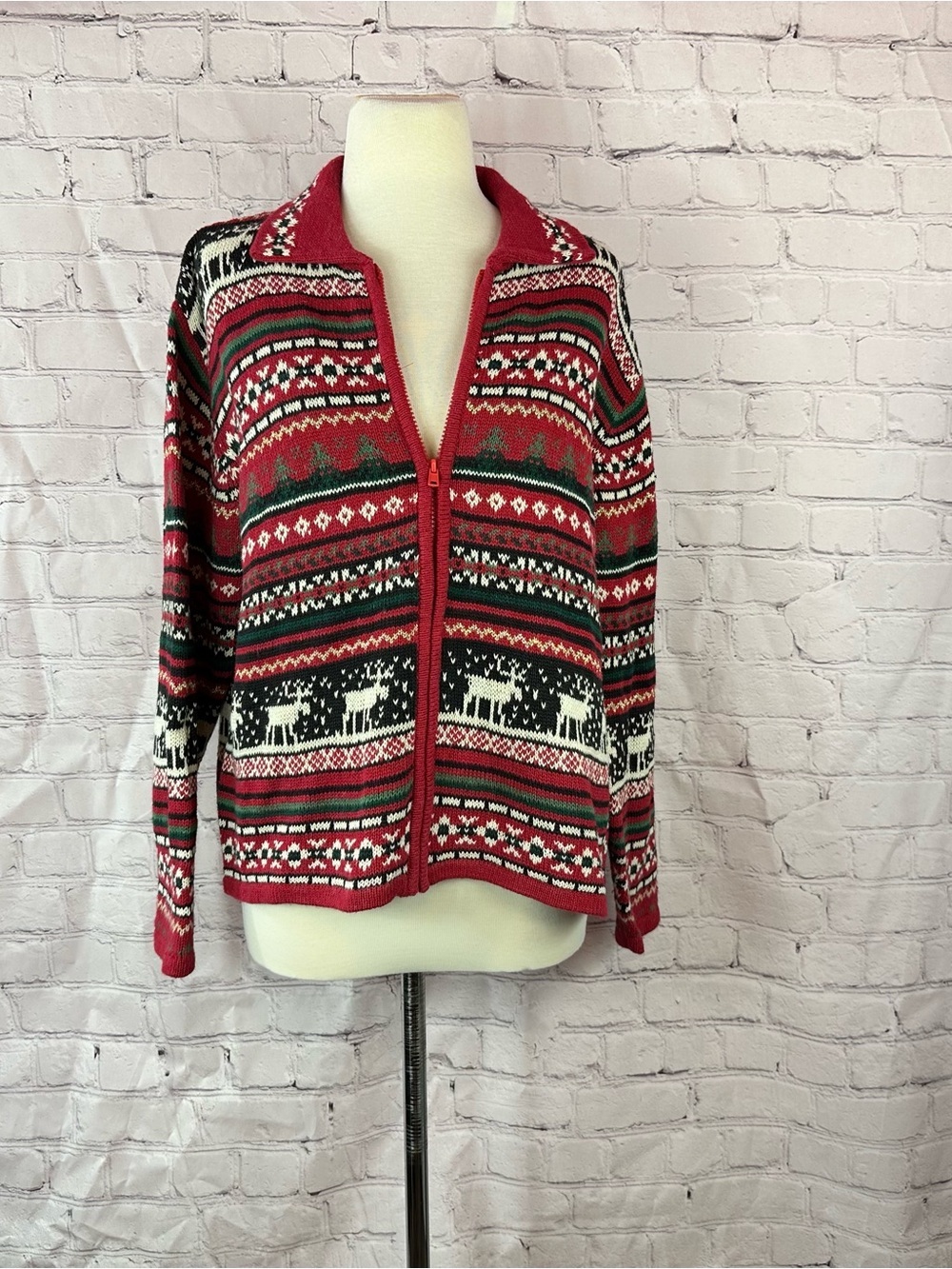 vtg Tiara international Fair Isle Zip Cardigan sweater women L holiday winter